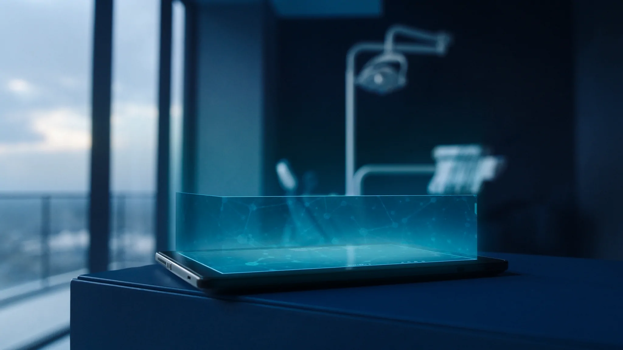 Interior moderno de clínica dental con interfaz holográfica de inteligencia artificial sobre tablet